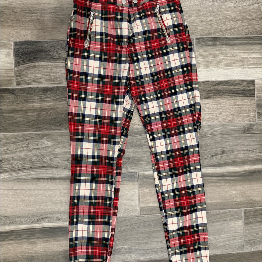 Red Plaid Trousers with Zipper Details